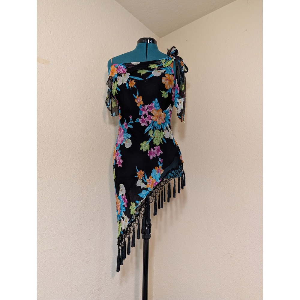 Cache Vintage Y2K Silk Beaded Floral Asymmetrical Fringe Top Black Large